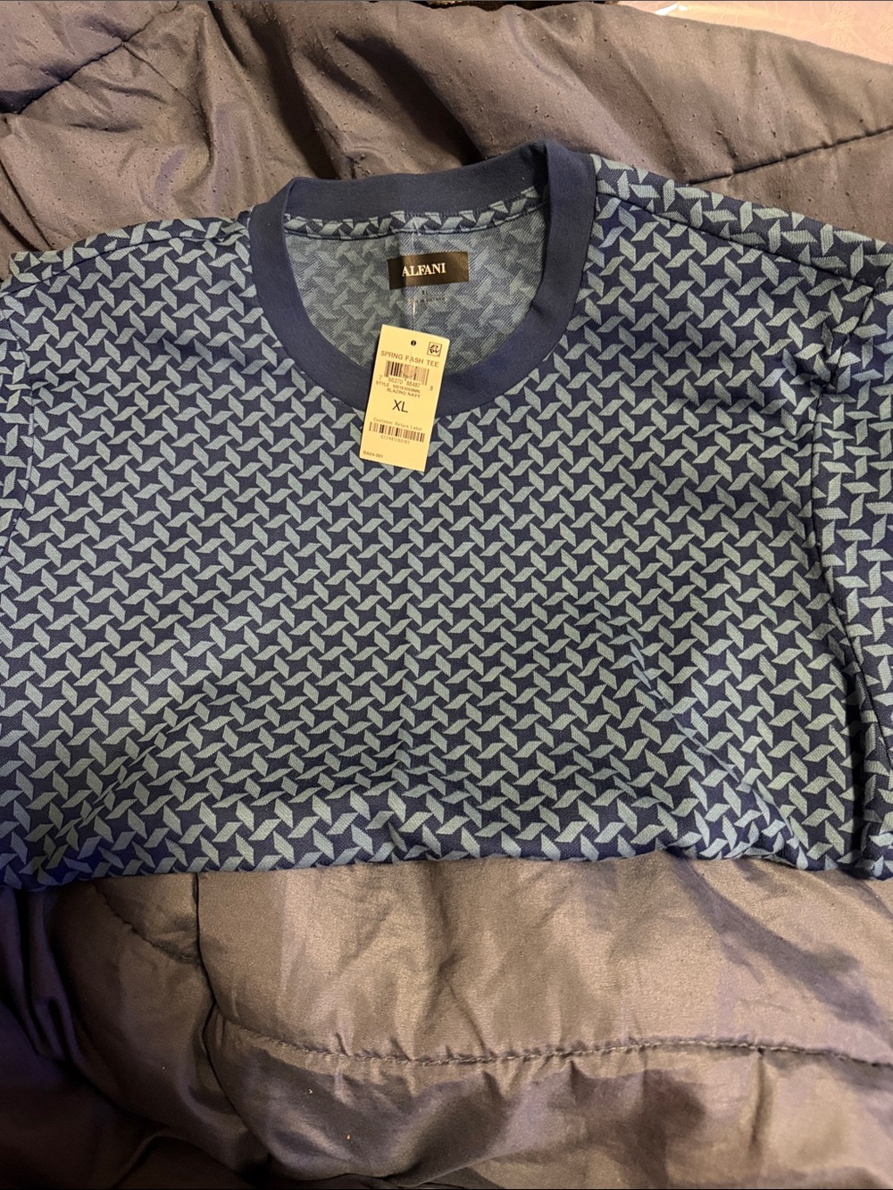 Alfani Navy and Light Blue Geometric Short Sleeve Tee